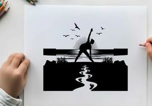 Silhouette of a person practicing yoga near a serene body of water with birds