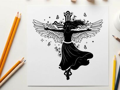 Silhouette of a mystical winged woman with flowing hair silhouette