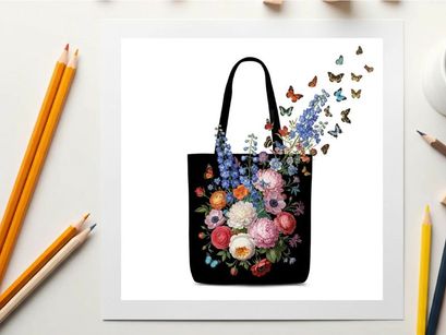 Vibrant floral silhouette design on black tote bag with butterflies