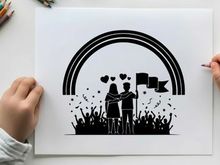 Lgbtq pride celebration silhouette with rainbow and crowd