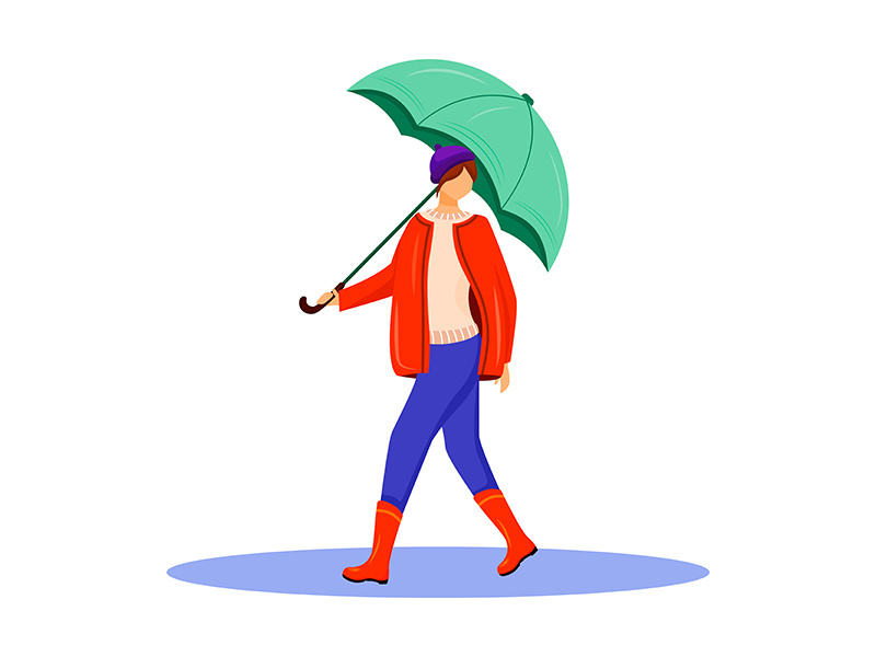 Woman in pullover and red jacket flat color vector faceless character