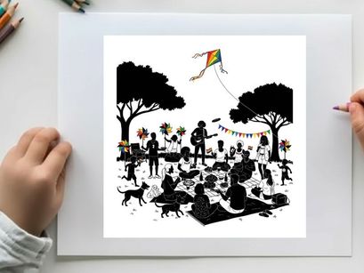 Silhouette of people and dogs at a park with a kite