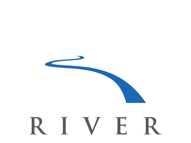 Logos of rivers, creeks, riverbanks and streams. River logo with combination of mountains and farmland with vector concept design.