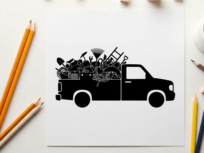 Silhouette of a truck loaded with various tools and equipment