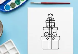 Christmas gift boxes stacked in tree shape with a star topper, black and white line art.