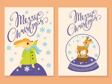 Merry Christmas little deer, fox vector poster and greeting card template preview picture