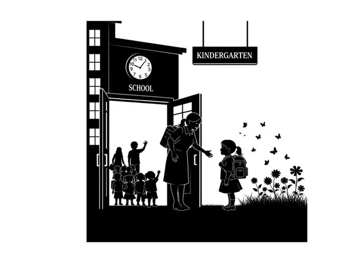 Silhouette of children and teacher outside kindergarten school entrance