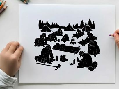 Winter camping silhouette scene with people and tents in snowy forest