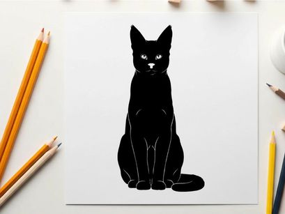 Black cat silhouette sitting upright facing forward