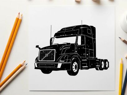 Silhouette of a large volvo semi truck on a white background
