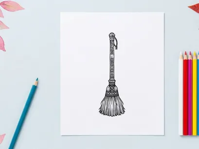 Hand-drawn vintage broom illustration for cleaning and home decor. Classic witch-style besom sketch with rustic texture and minimalist design.