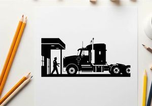 Silhouette of a man and a large truck at a gas station