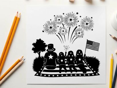 Patriotic family silhouette watching fireworks on railroad tracks
