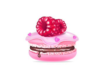 Macaroon, creamy dessert with raspberries realistic vector illustration preview picture