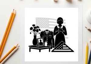 Mourning silhouette of woman at a military funeral service with american flag