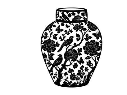 Silhouette of a decorative vase with floral pattern and birds