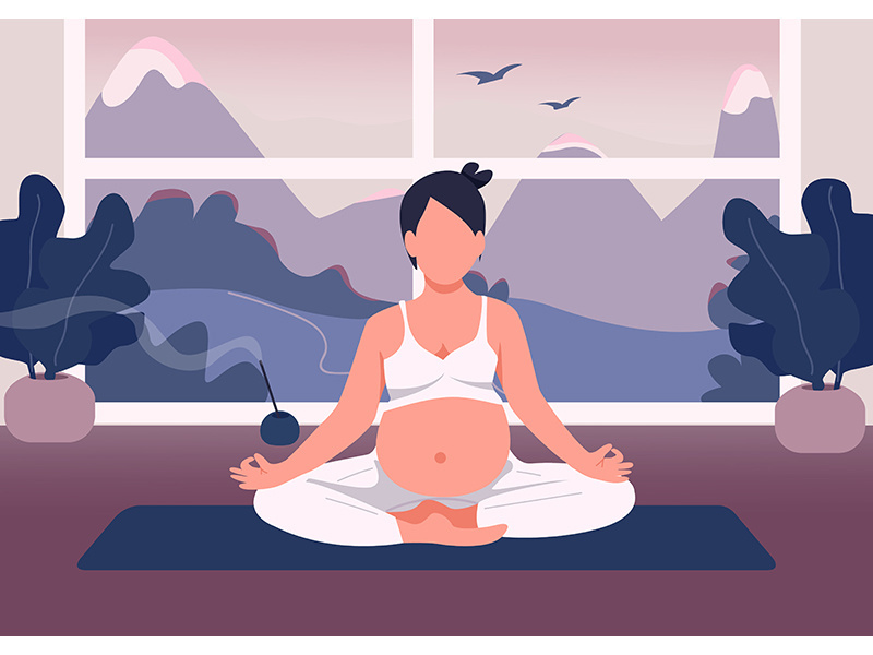 Pregnant woman meditate flat color vector illustration