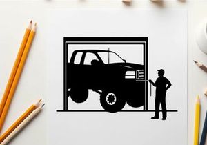 Silhouette of a man standing next to a large truck in a garage silhouette