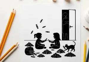 Two girls and a cat playing with piles of rice in silhouette