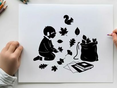 Silhouette of child collecting leaves with squirrel and book