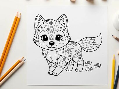 Cute wolf puppy sitting with flowers vector illustration