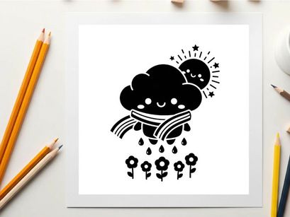 A smiling cloud silhouette wearing scarf with sun and flowers