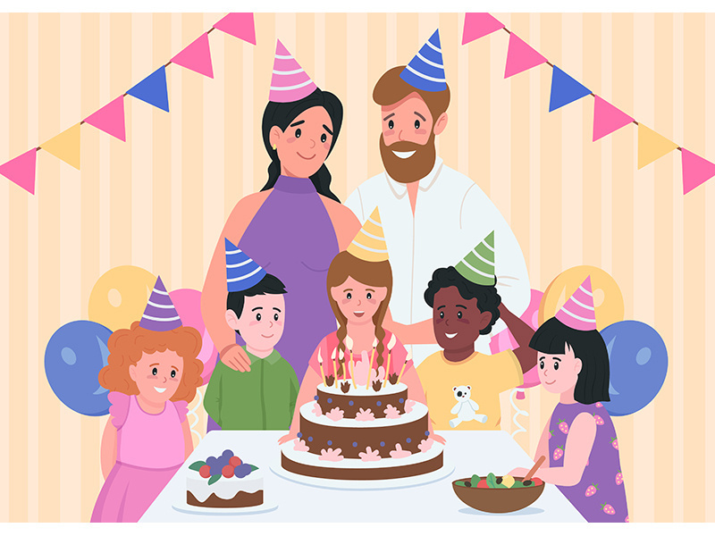 Kids birthday indoors flat color vector illustration