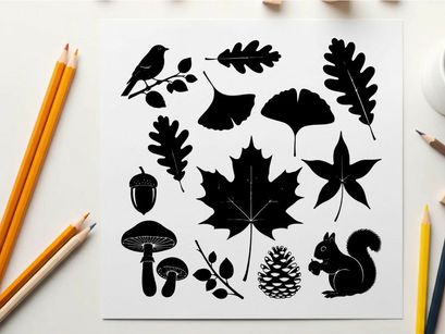 Silhouette of forest elements including leaves acorns and animals