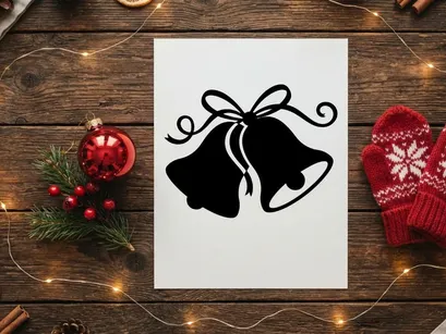 Black silhouette of Christmas bells with a decorative ribbon bow on white background