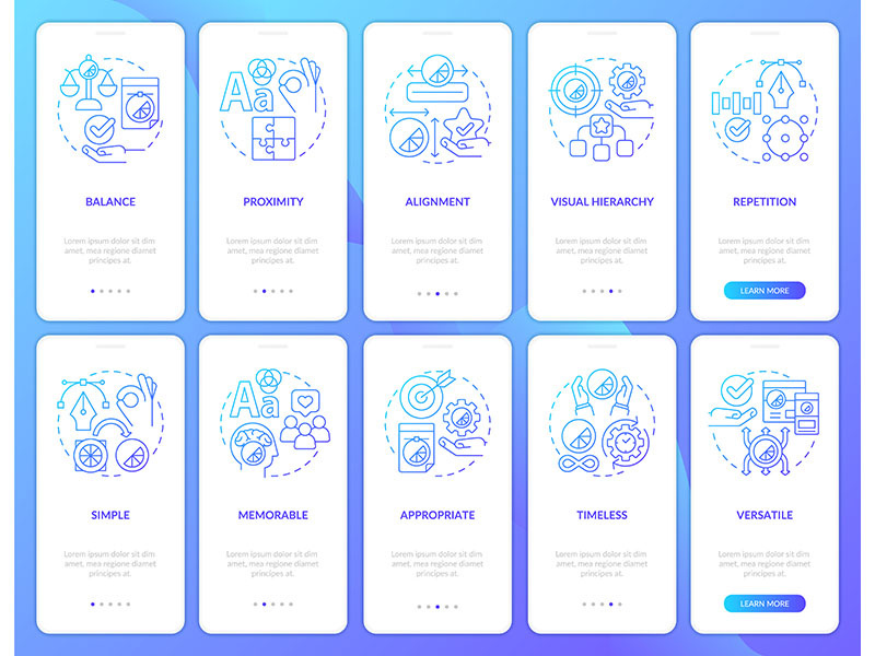 Design principles blue gradient onboarding mobile app screen set