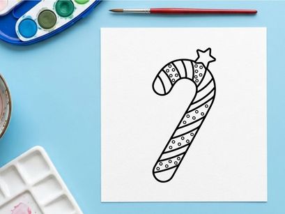 Christmas candy cane line art illustration with a star for holiday coloring book page