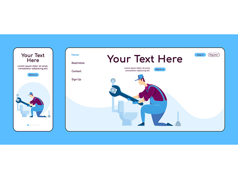 Plumbing services adaptive landing page flat color vector template