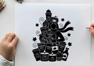 Silhouette of a woman surrounded by fall items and pumpkin spice latte