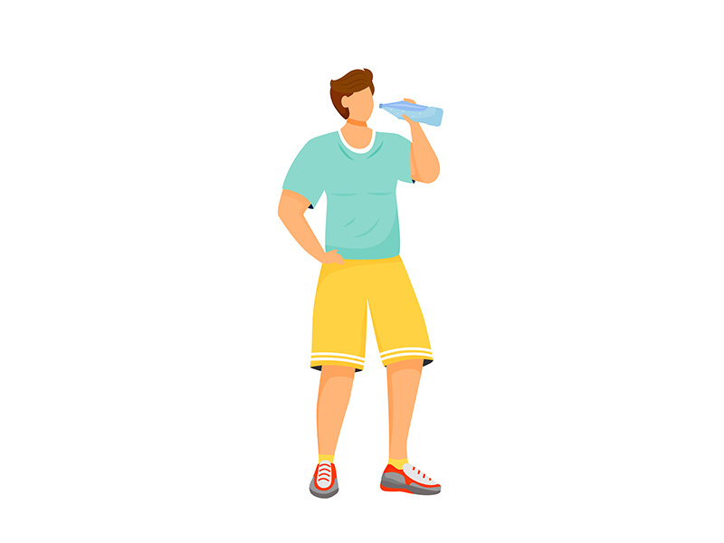 Man drink water flat color vector faceless character