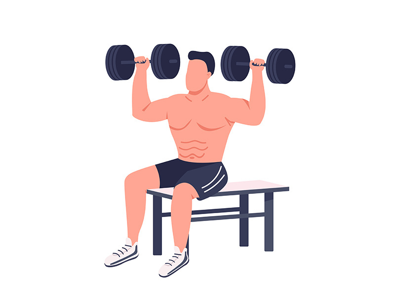 Bodybuilder lifting dumbbells flat color vector faceless character