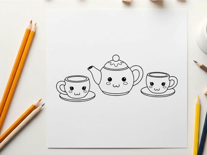 Cute teapot and cups set smiling vector illustration flat design
