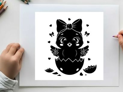 Silhouette of a cute chick emerging from an egg with bow silhouette