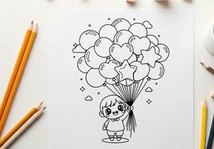 Child holding heart balloon cluster vector illustration