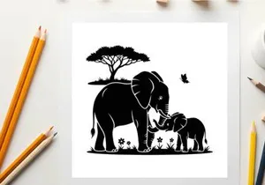 Silhouette of mother and baby elephant with tree and butterfly