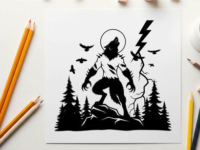 Silhouette of a werewolf in a forest with lightning and birds silhouette