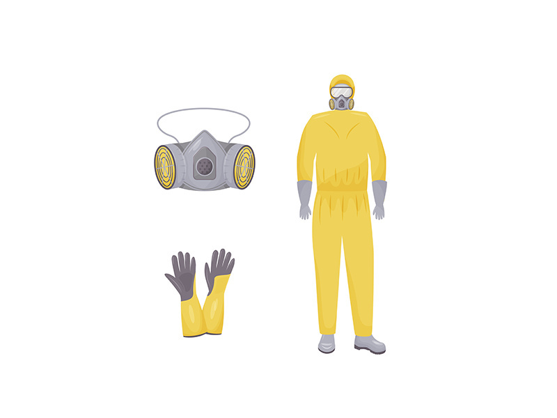 Protective suit, respirator and gloves flat color vector objects set