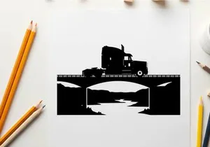 Truck silhouette crossing a bridge over a river at sunset