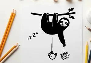 Sloth silhouette hanging from branch asleep next to alarm clock