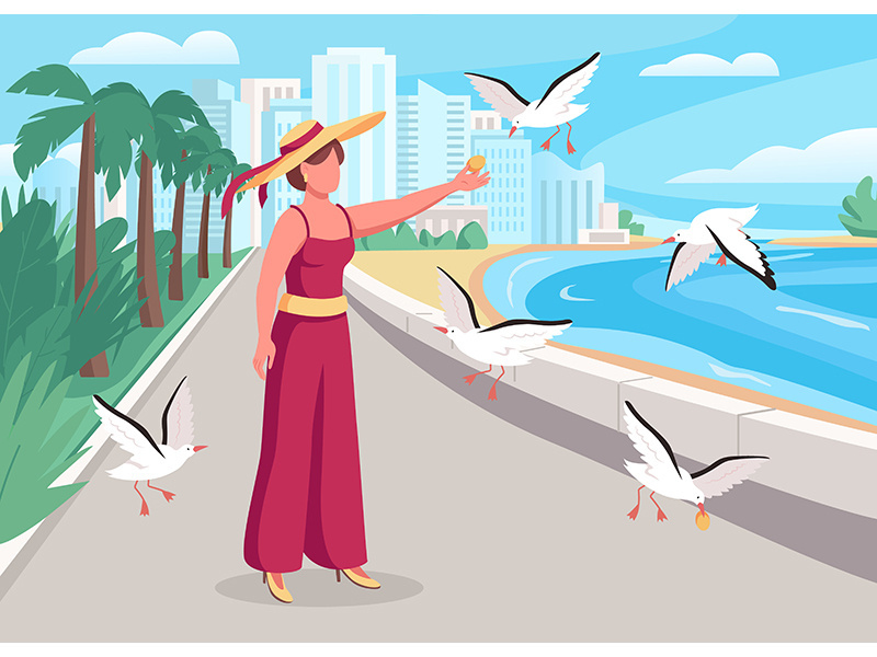Feeding seagulls on coast flat color vector illustration
