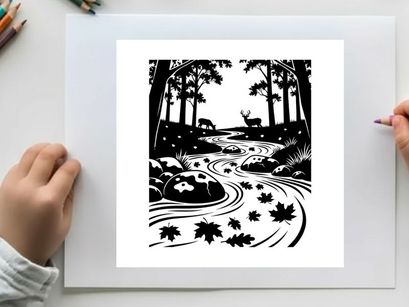Black and white forest scene with silhouette of deer by a stream