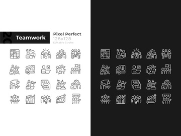 Teamwork pixel perfect linear icons set preview picture