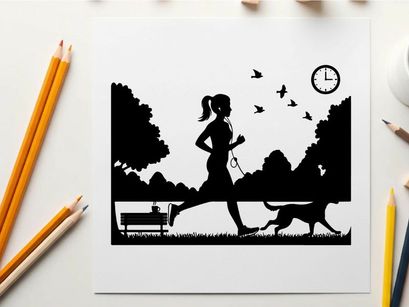 Silhouette of woman jogging with dog at sunrise
