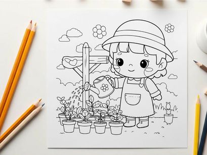 Cute girl watering plants in garden vector illustration