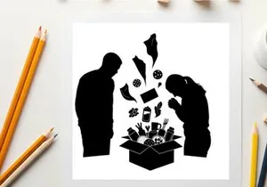 Silhouette of two people looking at items spilling out of a box silhouette