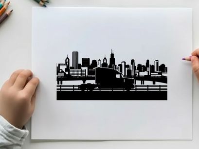 City skyline silhouette with truck on bridge